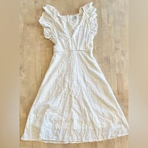 Blue Rain White Eyelet Midi Dress with Ruffle Cap Sleeves